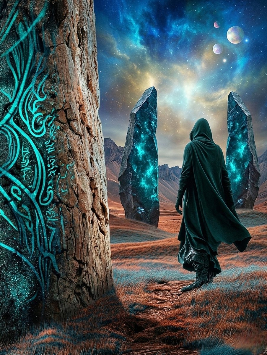 一个身披斗篷的旅人，朝着星云天空中3颗月亮下的发光青色巨石阵走去。史诗奇幻，8k。, 图片 1