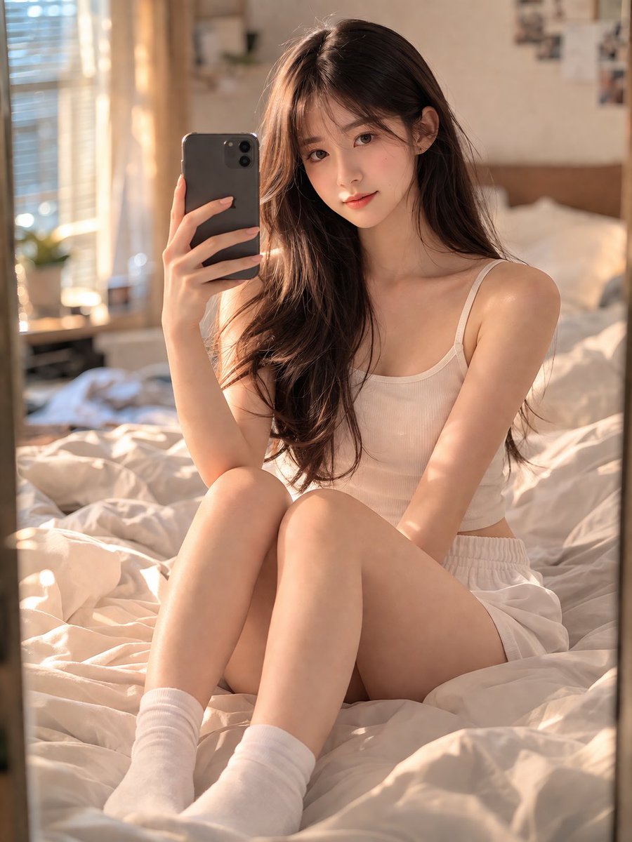 一位令人惊艳的18岁中国女孩,拥有青春纯净的面容和真实的皮肤质感,坐在卧室里一张舒适、略显凌乱的床上。她正在用智能手机拍摄镜子自拍,定格自然且…, 图片 1