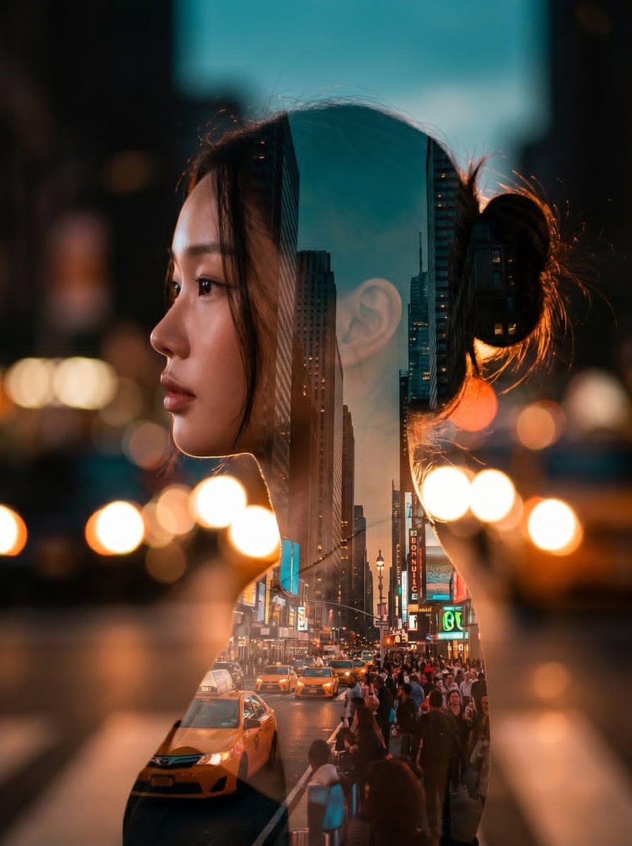 电影感的双重曝光肖像,好莱坞女演员侧脸,她的长发中叠加了一座高楼林立的繁忙城市街景,温暖的橙色与青色调,背景有柔和的散景光斑,高细节,逼真的光…, 图片 1
