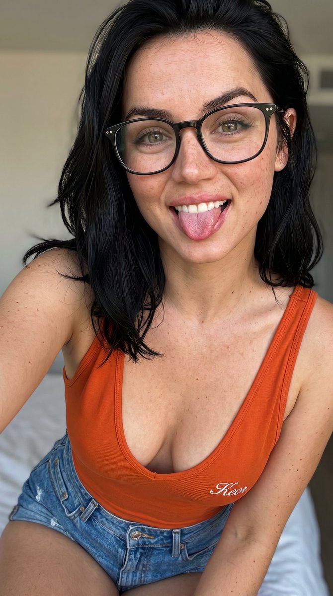 垂直特写自拍,迷人的凯莉·詹娜(Kylie Jenner),黑发俏皮地伸出舌头,穿着橙色低胸上衣和牛仔短裤,面部可见雀斑,戴着眼镜,橙色上衣下…, 图片 3