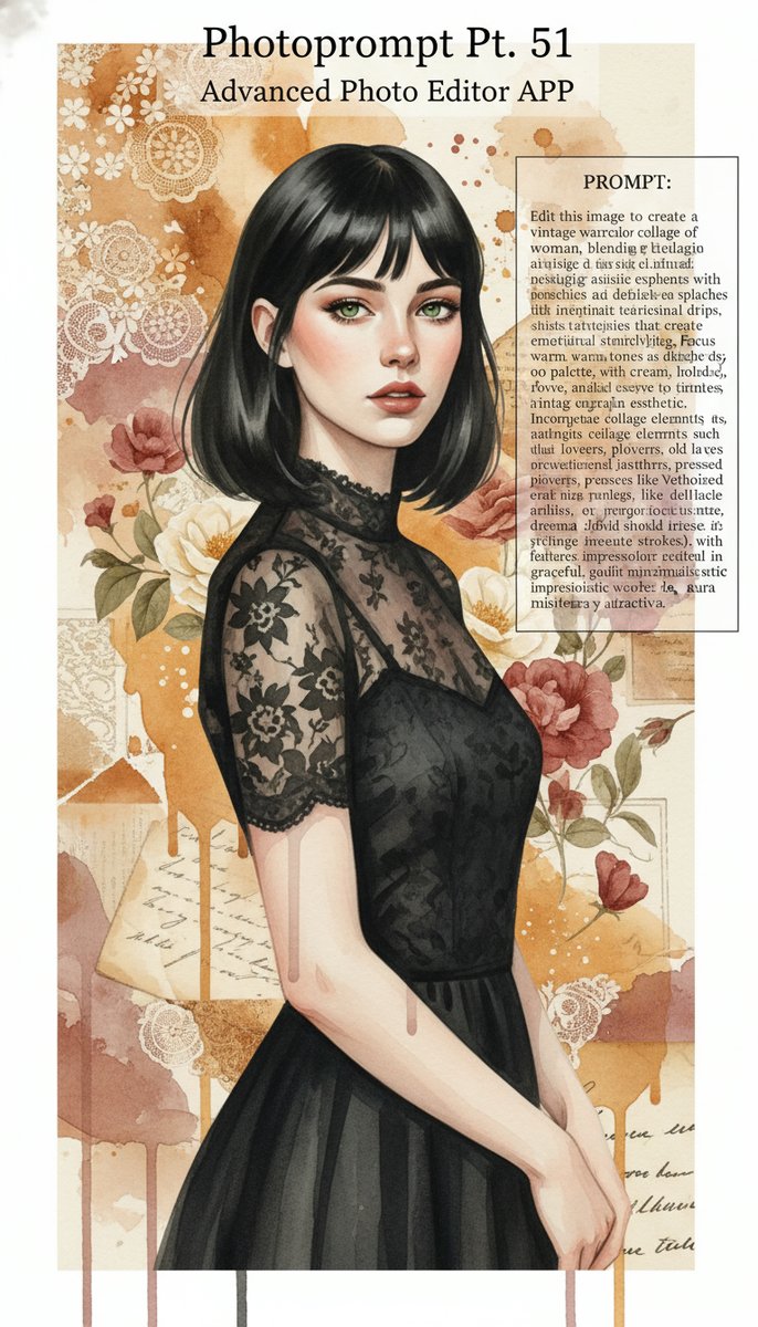 编辑此图片,创建一个优雅女性的复古水彩拼贴画,融合怀旧的艺术元素与富有表现力的颜料飞溅和细腻的纹理。肖像应呈现柔和、流动的..., 图片 1