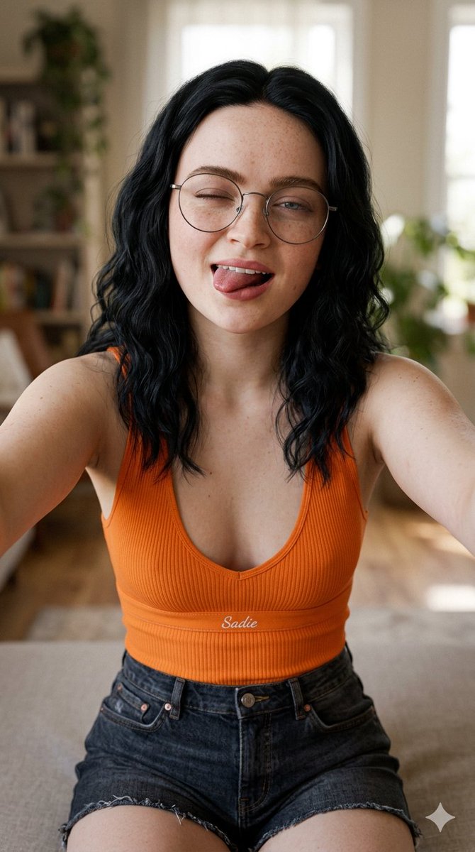 垂直特写自拍照，美丽的Sadie Sink黑色头发俏皮地吐舌头，穿着橙色低胸上衣和牛仔短裤，可见雀斑，戴着眼镜，橙色上衣下摆处绣有精致小巧的白…, 图片 2