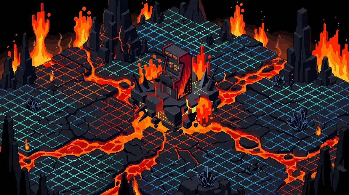 Isometric meadow made of black rock and lava, heat, grids, arcade pixel vibe, n…