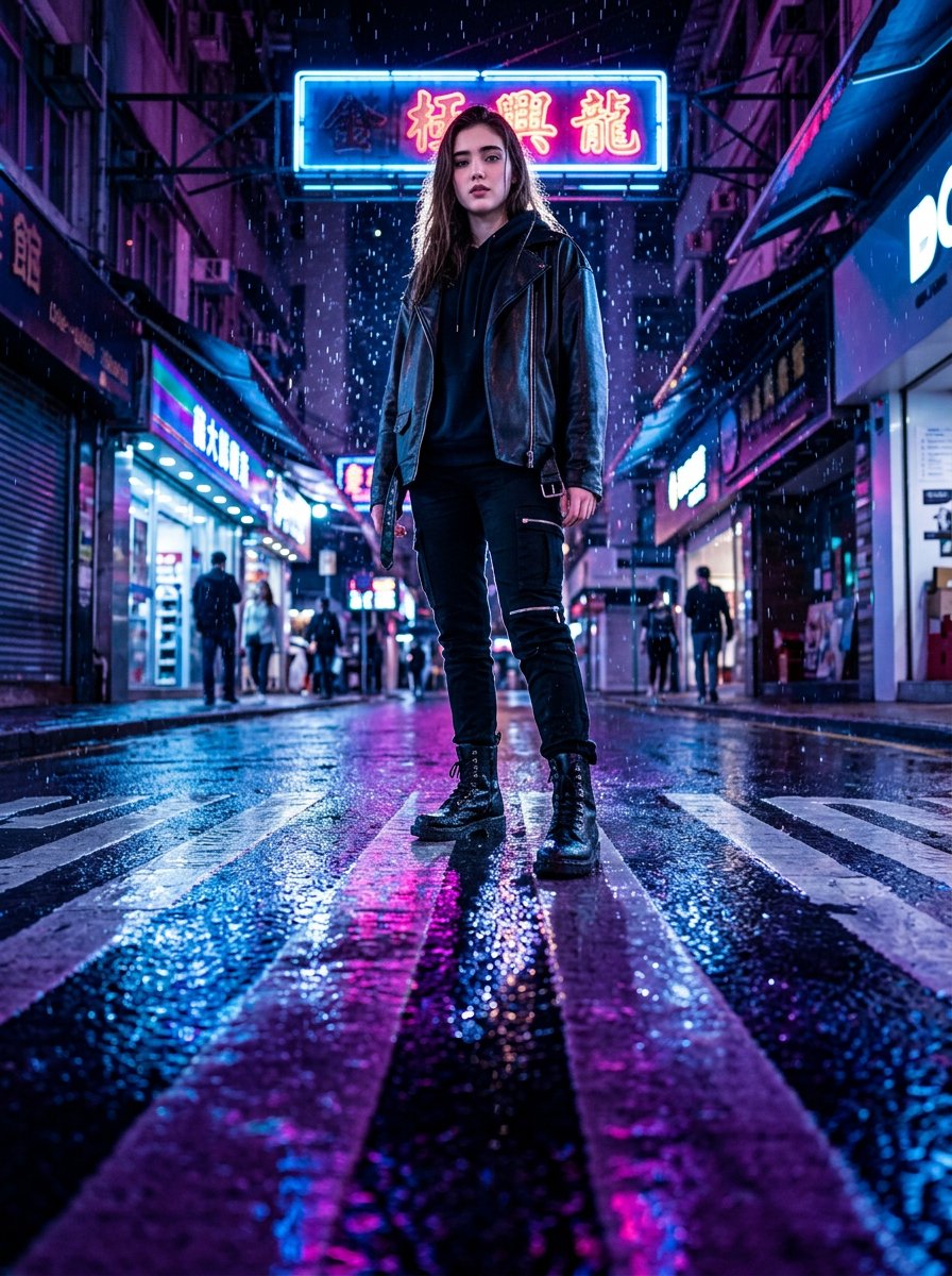 一张超写实的 8K 电影级近地面极低视角镜头,采用 16mm 超广角镜头拍摄,营造出戏剧性的透视畸变。相机置于夜晚被雨水浸透的沥青街道上方几英…, 图片 1