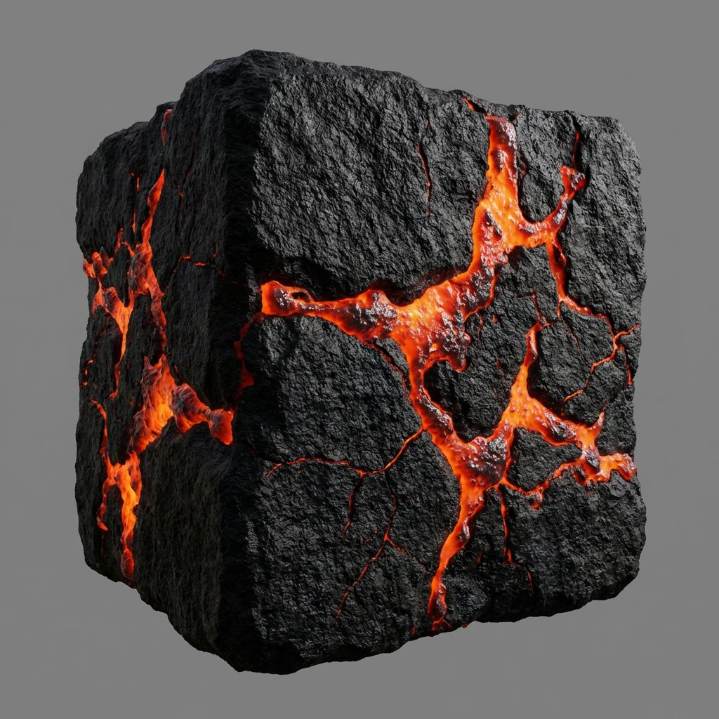 black lava stone with lava breaking through texutre on a 3d cube with bumpmappi…