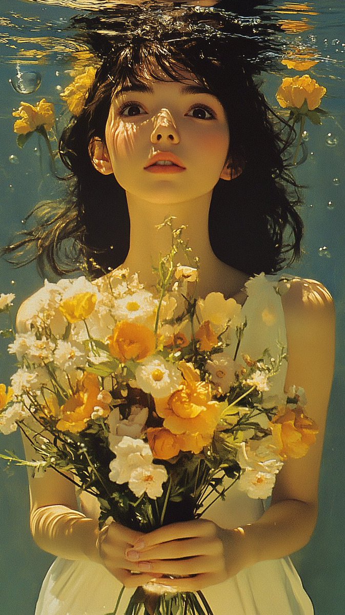 一个穿着白色连衣裙、手捧鲜花的女孩站在海里,周围环绕着彩色花瓣,风格借鉴自大友克洋或让·吉罗(莫比斯),拥有清澈蓝色的海水和绿色倒影,浅蓝色天…, 图片 1