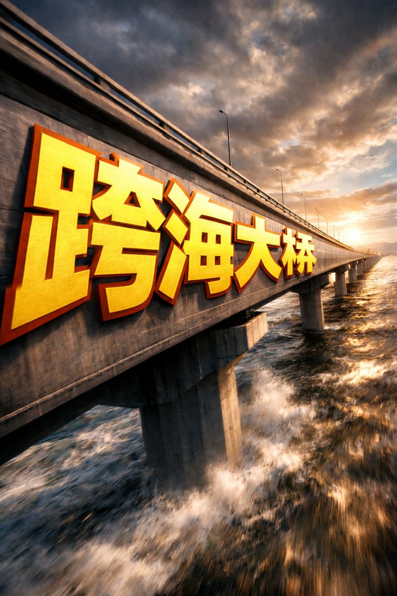 ①场景 跨海大桥的侧面，dramatic cinematic angle。 巨型 bold sans-serif 文字「___②文字内容 跨海…, 图片 1