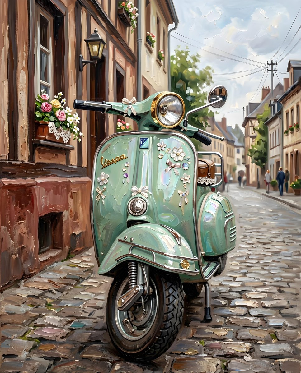 一个特写、平视的镜头聚焦于一辆停在鹅卵石街道上的复古薄荷绿 Vespa 踏板车的前部。这辆踏板车是画面的主体，其车把、前灯和前轮清晰可见。画面…, 图片 1