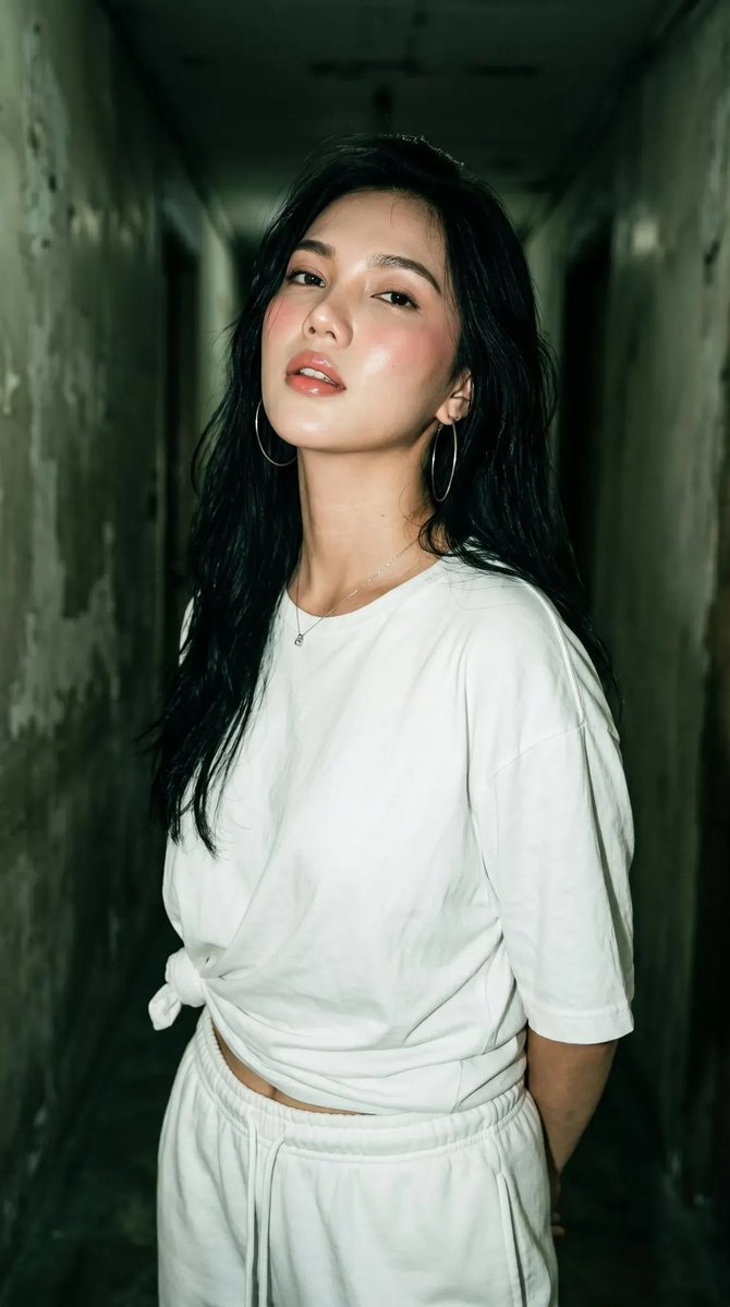 一位年轻女性站在狭窄破旧走廊中的电影感肖像，氛围感绿色调，柔和漫射光，浅景深，面部锐利对焦，奶油般虚化背景，自信放松的姿势，头部微微倾斜，自然…, 图片 2