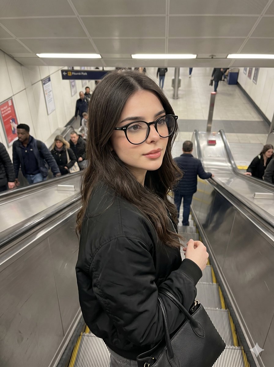 写实风格的 iPhone 抓拍照片：一位女性站在自动扶梯上，面部和身份需与参考图像完全一致。她佩戴黑色玳瑁框眼镜，身穿黑色飞行员夹克，手提黑色…, 图片 1