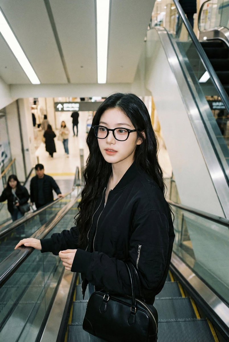 一张像是用 iPhone 拍摄的真实感抓拍照片,画面中是一位女士站在自动扶梯上,面部和身份与参考图完全一致。她戴着黑色玳瑁框眼镜,穿着黑色飞行…, 图片 1