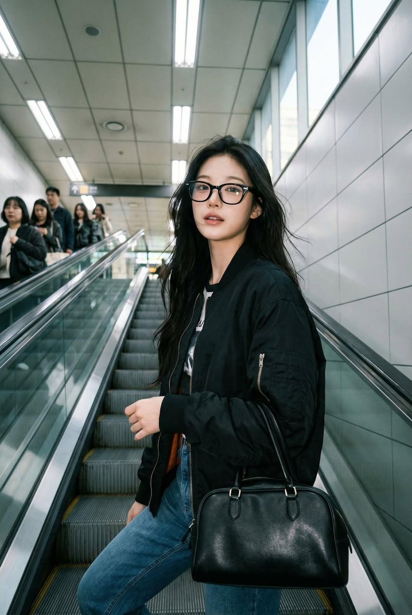 一张像是用 iPhone 拍摄的真实感抓拍照片,画面中是一位女士站在自动扶梯上,面部和身份与参考图完全一致。她戴着黑色玳瑁框眼镜,穿着黑色飞行…, 图片 3