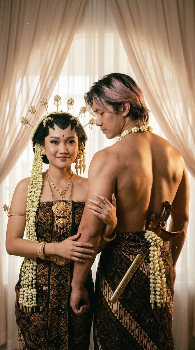 一张在摄影棚中拍摄的年轻印尼情侣的浪漫婚纱前写真肖像。, 图片 1