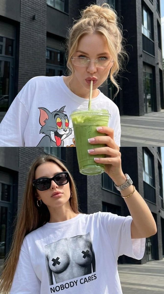 在不改变两个女孩面部的前提下创作她们的肖像。这是一幅包含两个垂直画框的 photorealistic 双联画，拥有高皮肤细节、自然面部纹理、明…, 图片 1