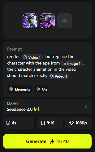 渲染 "video_1",但将其中的人物替换为来自 "image_1" 的猿猴。视频中的人物动画应与 "video_1" 完全一致。, 图片 1