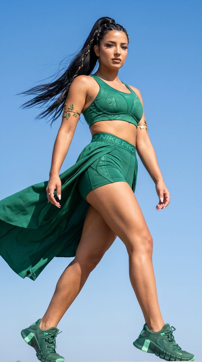 Nike Pro 启发的高级广告大片,照片中是一位强大、运动型的神话女性,采用戏剧性的仰视视角拍摄,使她显得大胆、标志性、占主导地位且超越常人…, 图片 1