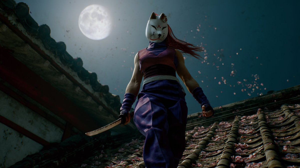 电影级真人实景场景，来自《铁拳2》的国美未津（Kunimitsu）夜晚站立在日本寺庙的屋顶上，身穿她经典的紫色忍者装束，包括无袖上衣、手套，以…, 图片 1