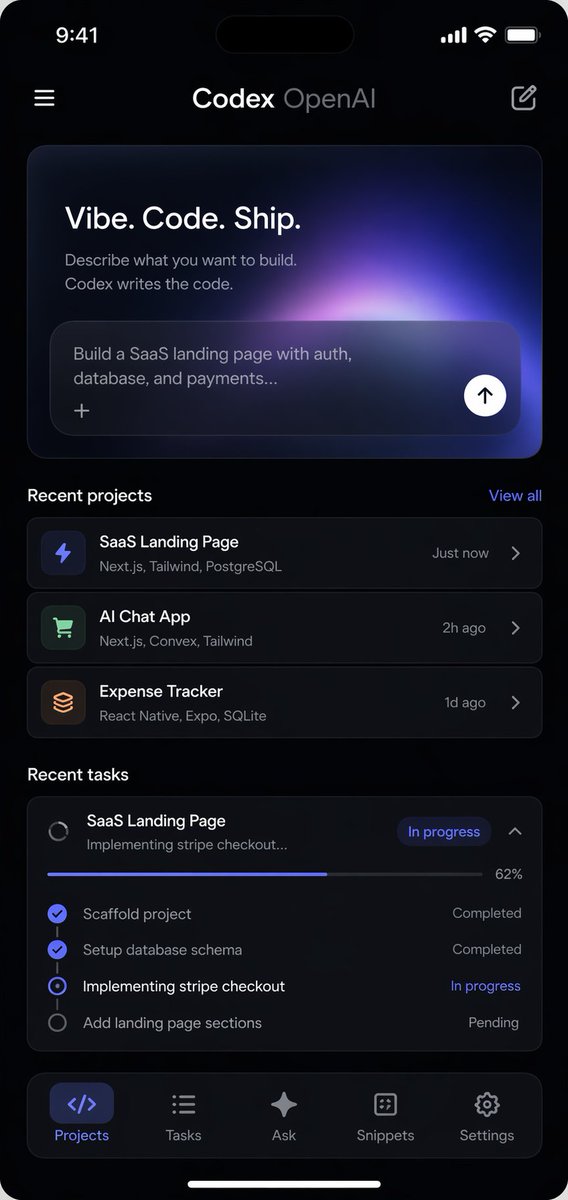为 vibe coding 设计一个好看的 Codex OpenAI 移动应用界面 https://t.co/RpwnxcjxVa, 图片 1