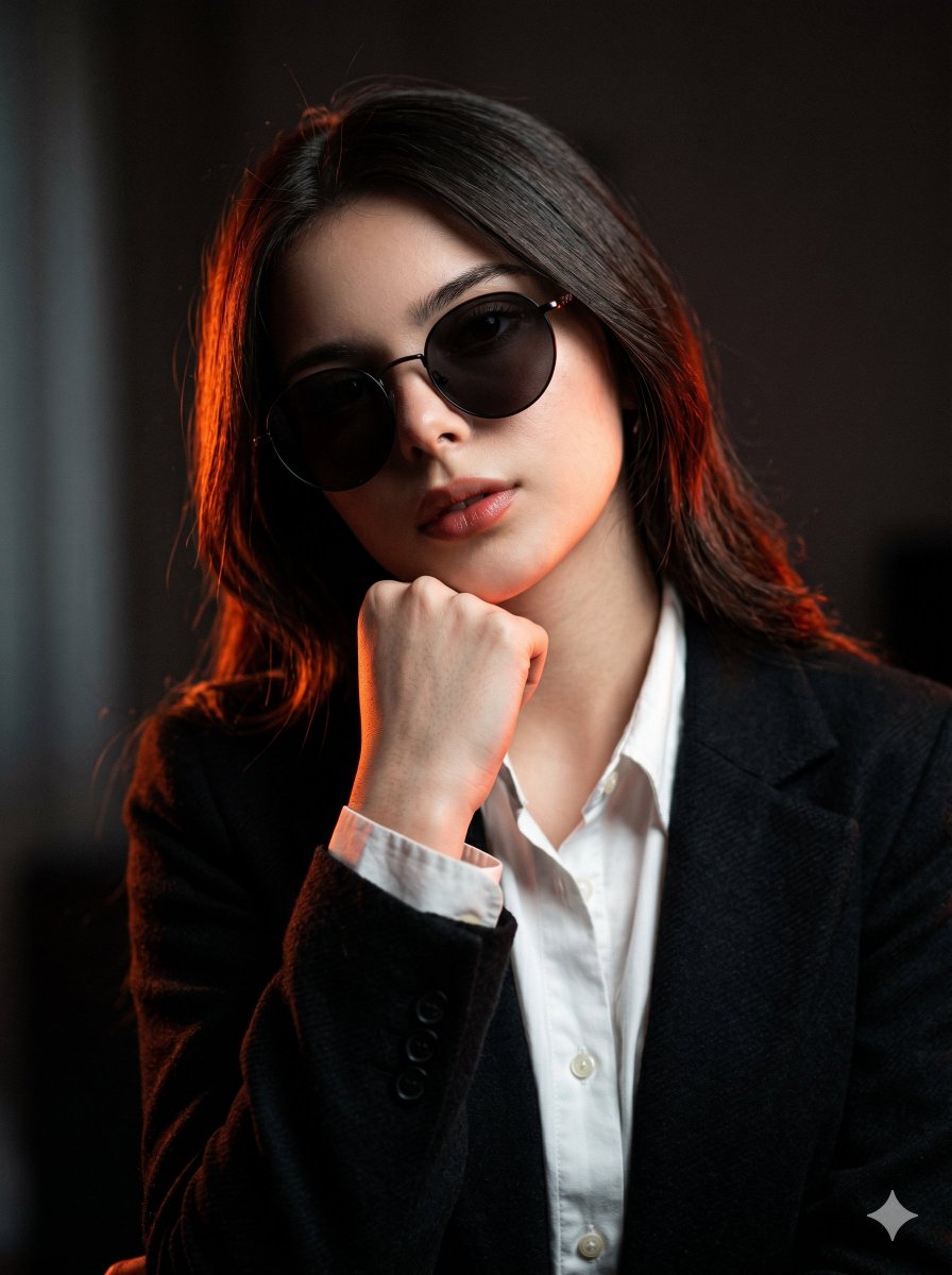 一张超现实的电影感人像照,基于上传图片中的美丽女性。她戴着深色圆框太阳镜,内搭一件微微解开扣子的衬衫,外披一件质感黑色西装外套。姿态:她微微低…, 图片 1