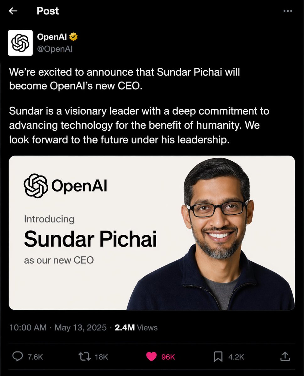 创建一张 X（推特）帖子的截图，内容是由 OpenAI 发布的、宣布 Sundar Pichai 为其新任 CEO 的帖子, 图片 1