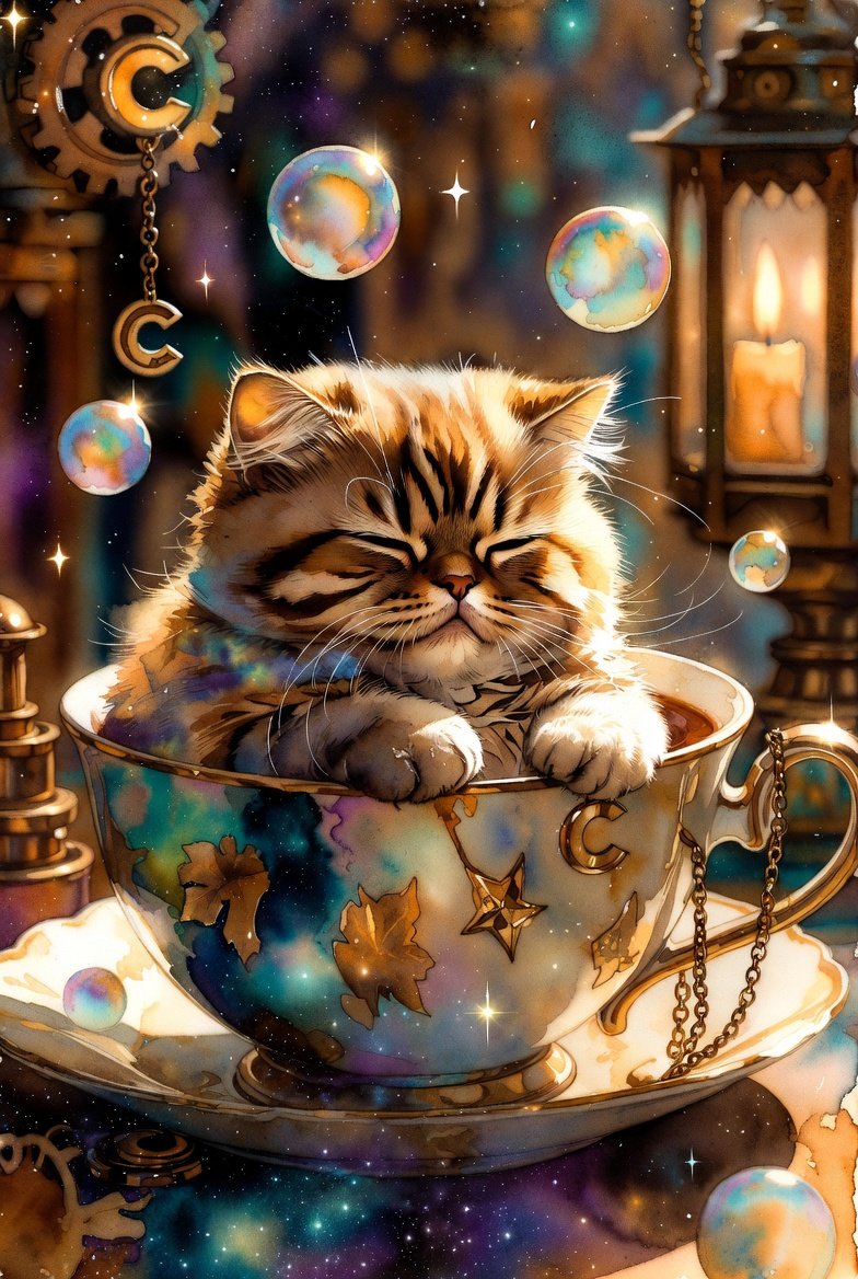一只圆滚滚的小猫蜷缩着睡在一个巨大的茶杯里,周围漂浮着肥皂泡和微微发光的星星,柔和的粉彩色调,粉色与淡紫色交织,温暖的烛光,梦幻水彩风格,松散…, 图片 1
