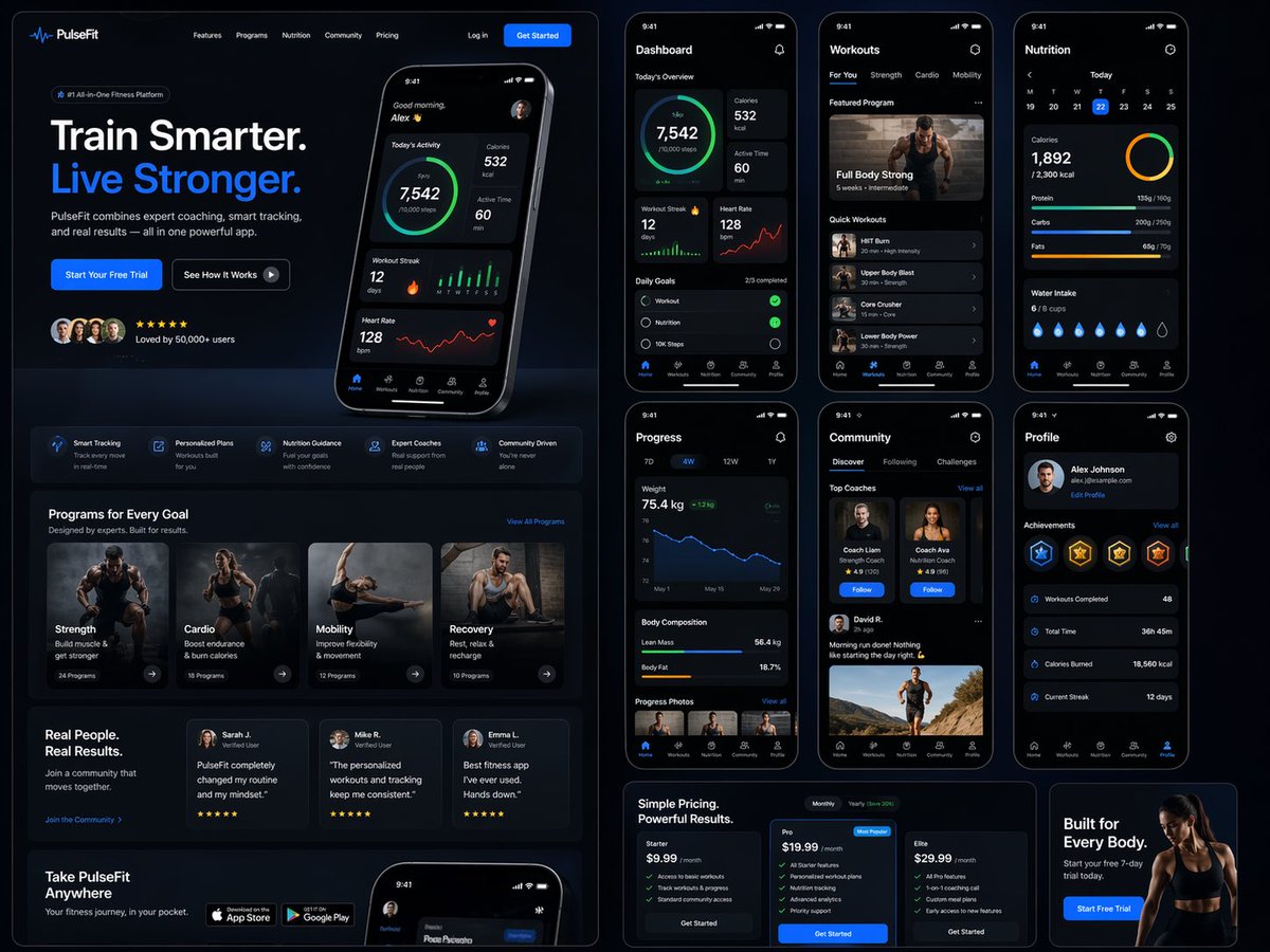 Design a modern, high-end fitness app landing page and product UI for a brand c…