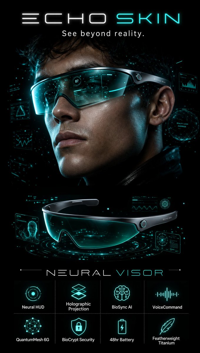 你是一位顶级科幻广告导演,即将推出 ECHO SKIN NEURAL VISOR——一款时尚、近未来风格的 AI 智能面罩,佩戴时横跨双眼,将…, 图片 1