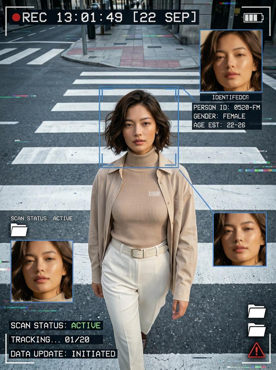 照片级真实感的 CCTV 监控场景,高角度安防摄像头视角,现代都市街道上的宽幅斑马线。一位时尚年轻女性正走过斑马线,在迈步过程中抬头直视镜头。…, 图片 2