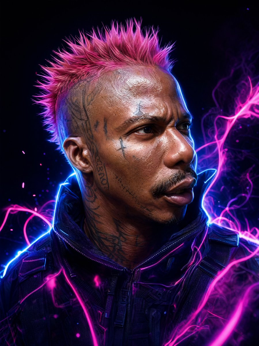 一张照片写实风格的真实人物肖像,面部特征与 image_0.png 中的男子完全一致,超逼真的皮肤纹理和详细的面部标记(纹身),目光锐利有穿透…, 图片 1