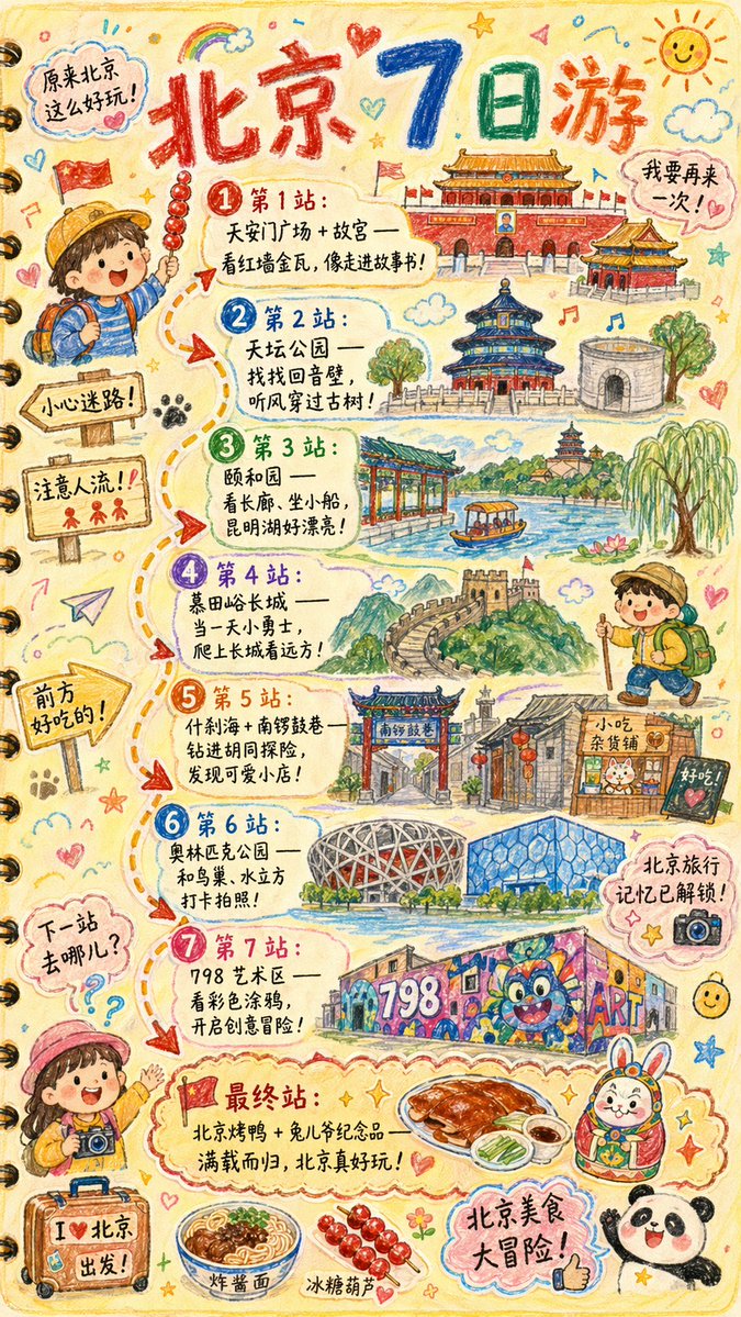 手绘风格的《{城市名}旅行手账插画》, 图片 1