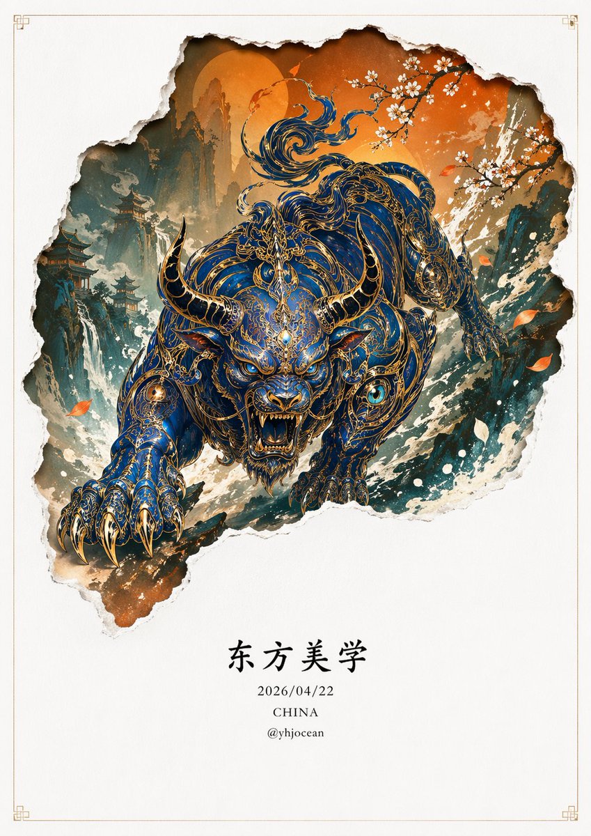 极简主义,新中式风格立体图形设计,图像下端有楷体中国文字:“东方美学”,“2026/04/22”,署名 “CHINA”,和“ @yhjocea…, 图片 1