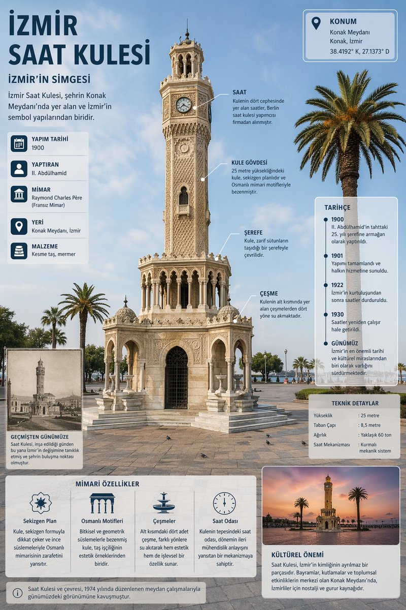 制作一份关于伊兹密尔钟楼(İzmir Clock Tower)的详细信息图,并在写实图像上添加标注。https://t.co/Gi4x9Qzz…, 图片 1