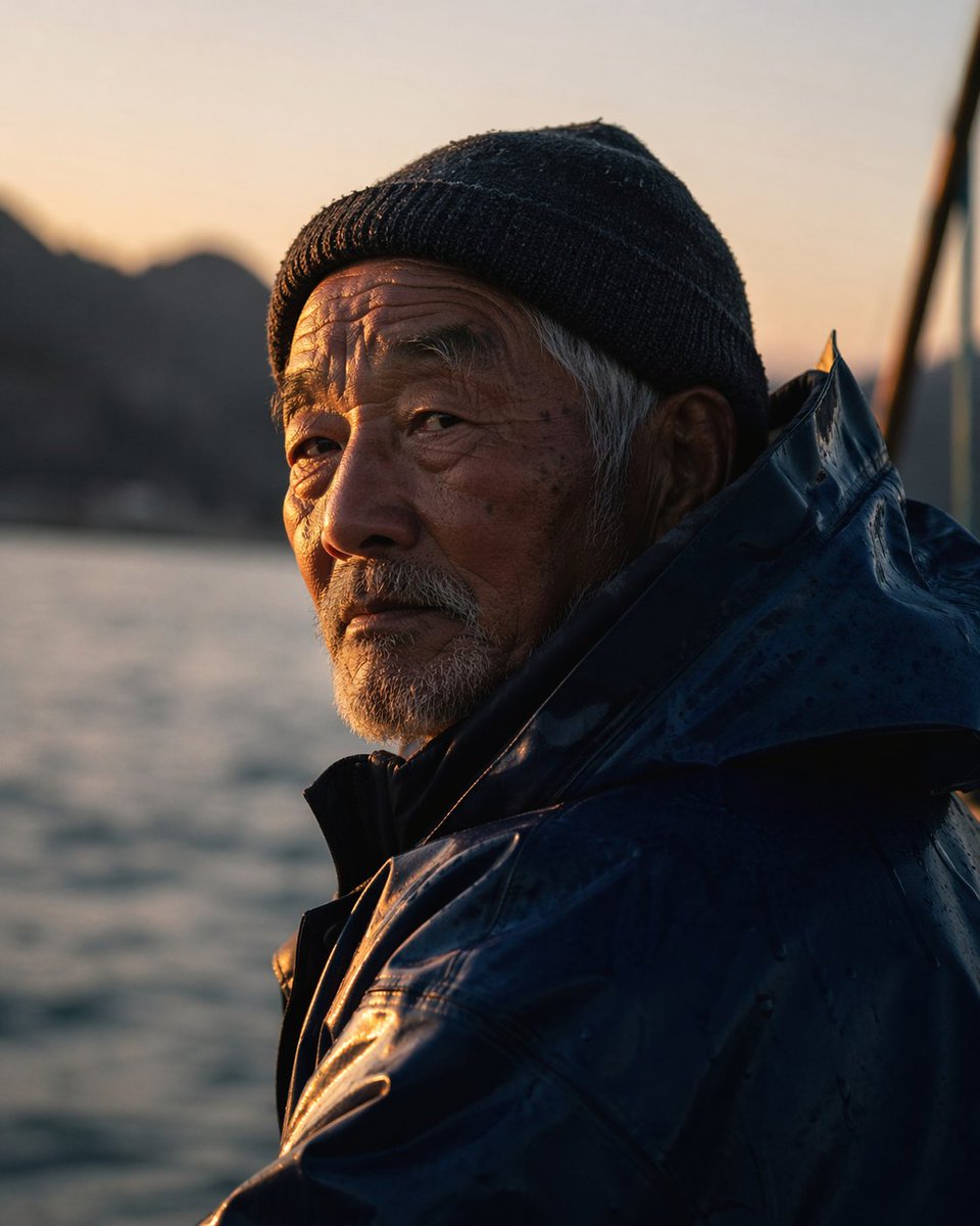 电影感肖像：黎明时分一位年迈的日本渔民，黄金时刻的光线打在他的脸上，细腻的饱经风霜的皮肤，浅景深，85mm镜头，忧郁的氛围, 图片 2