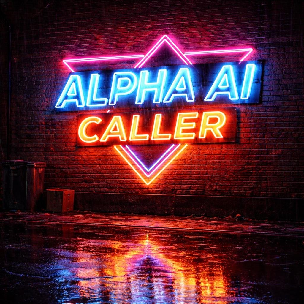夜晚砖墙上的复古霓虹灯招牌,粗体文字写着"ALPHA AI CALLER",80年代复古字体,人行道上有雨水反光,电影级光效 https://…, 图片 1