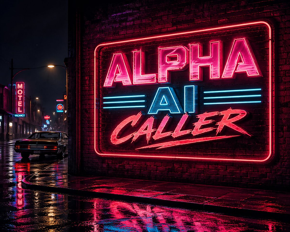 夜晚砖墙上的复古霓虹灯招牌,粗体文字写着"ALPHA AI CALLER",80年代复古字体,人行道上有雨水反光,电影级光效 https://…, 图片 2