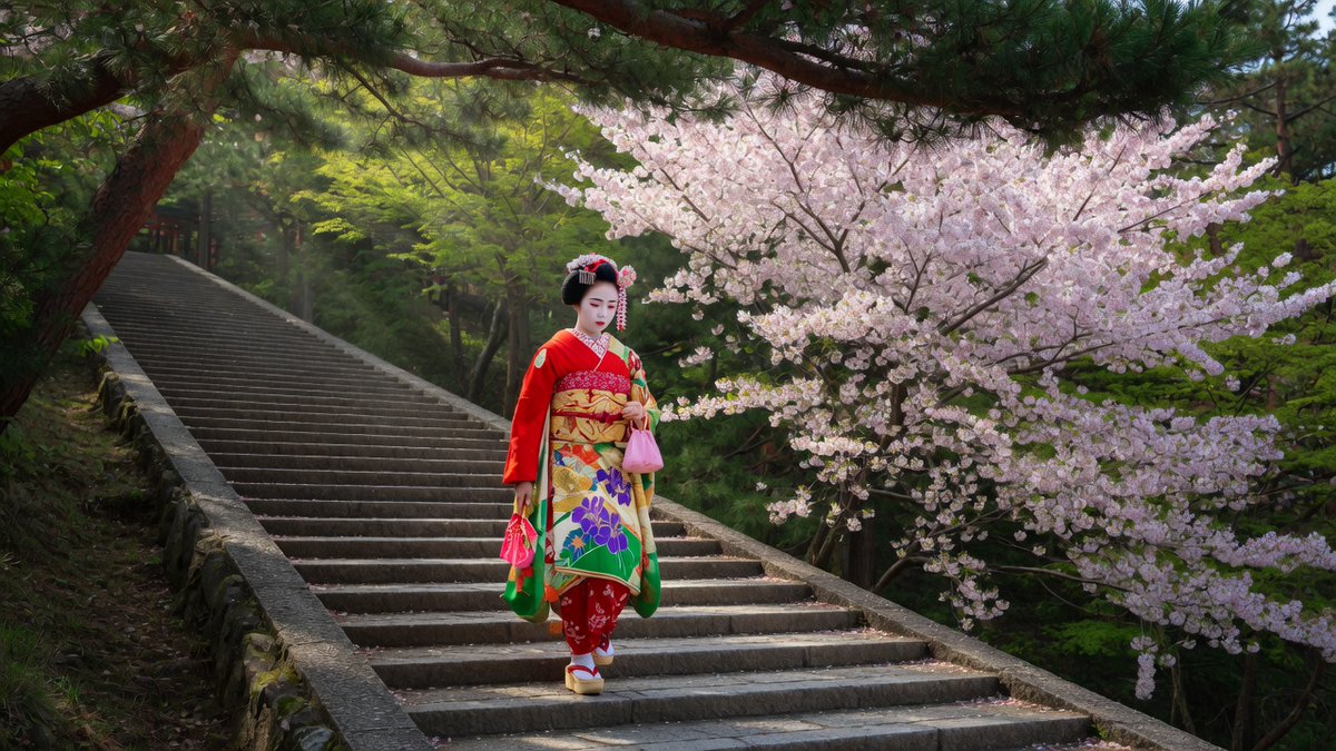 一位日本舞妓身着色彩鲜艳的舞妓风格服饰，沿着一条陡峭而漫长的石阶拾级而下，她身后和上方是茂密的松林与落叶林交织的森林，一侧盛开着满树繁花的樱花…, 图片 1
