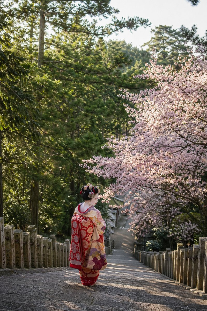 一位日本舞妓身着色彩鲜艳的舞妓风格服饰，沿着一条陡峭而漫长的石阶拾级而下，她身后和上方是茂密的松林与落叶林交织的森林，一侧盛开着满树繁花的樱花…, 图片 2