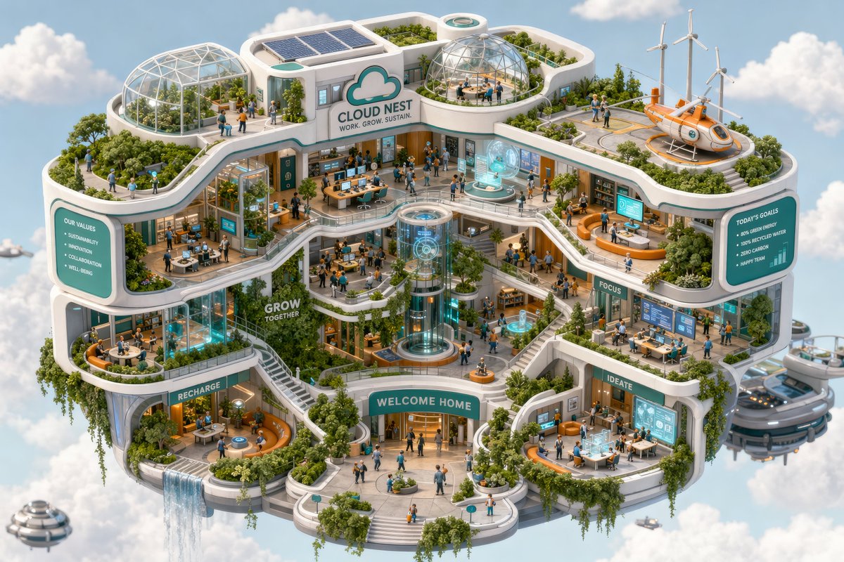 一座“云端漂浮的绿色办公城市”的精细 3D 等距剖面图。云朵之间,微小的人物在全息影像前工作,茂盛的垂直花园,流线型的白色建筑。柔和的粘土渲染…, 图片 1