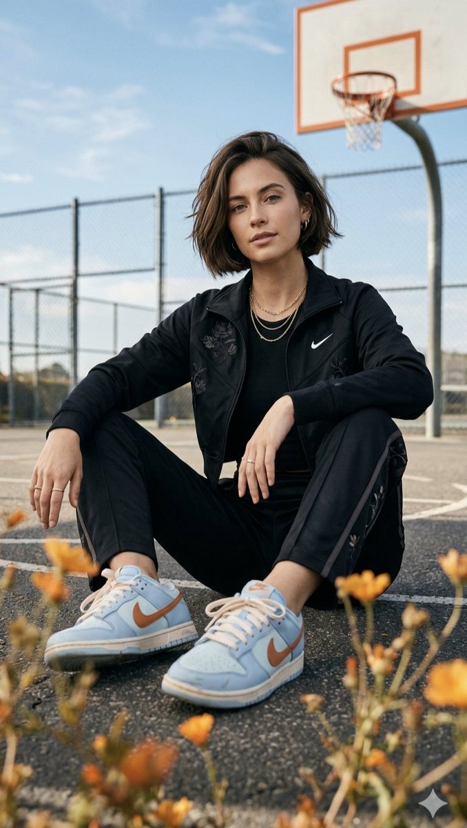 一张高分辨率的电影级人像照:一位自信的年轻女性,留着时尚的深棕色波波头,盘腿坐在户外的沥青篮球场上。她身穿黑色 Nike 拉链运动夹克,带有精…, 图片 1