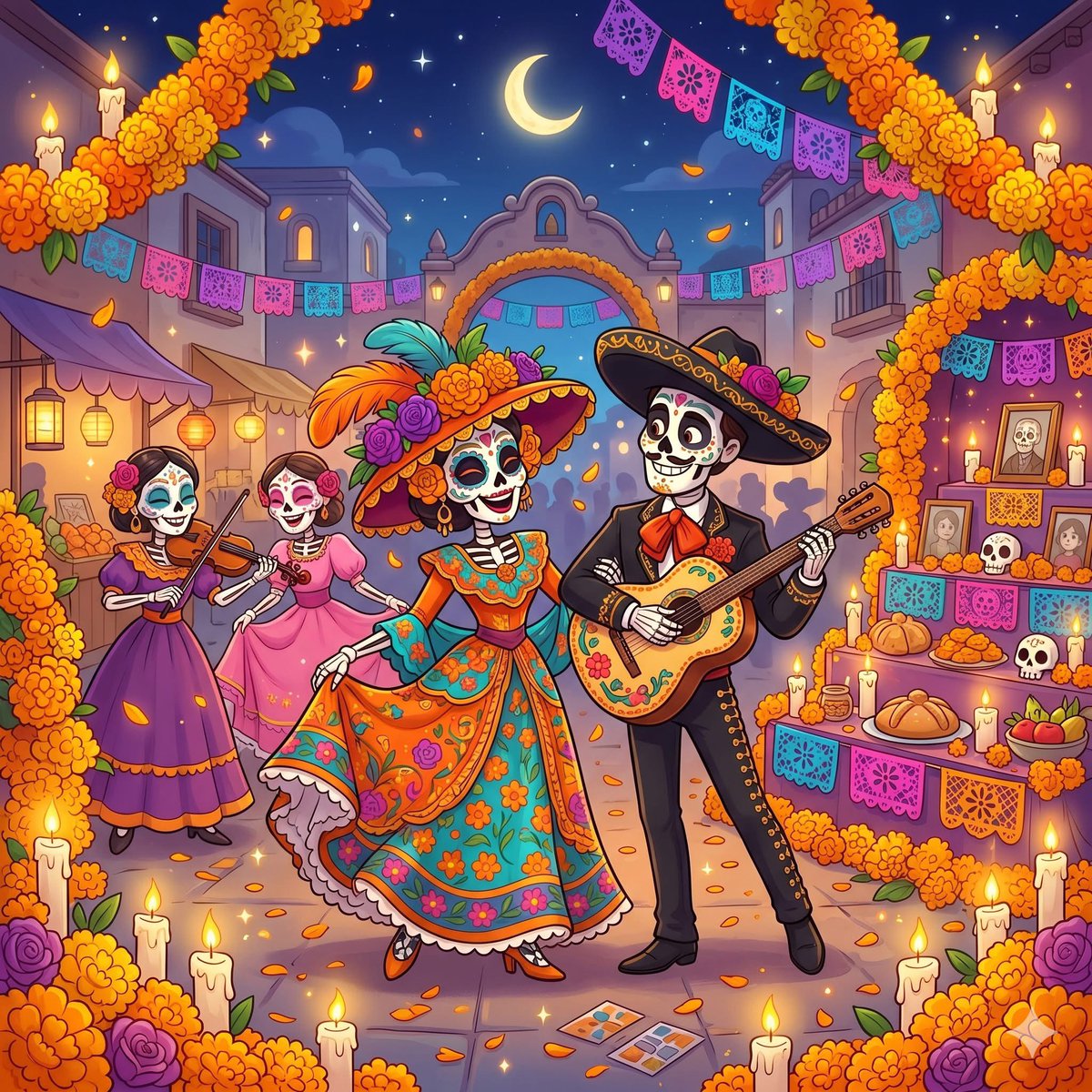 创作一幅充满活力的卡通风格插画，主题为墨西哥亡灵节（Día de los Muertos）庆典。, 图片 1