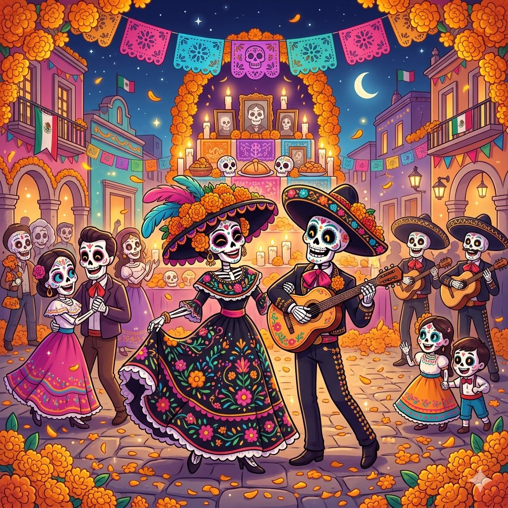 创作一幅充满活力的卡通风格插画，主题为墨西哥亡灵节（Día de los Muertos）庆典。, 图片 2