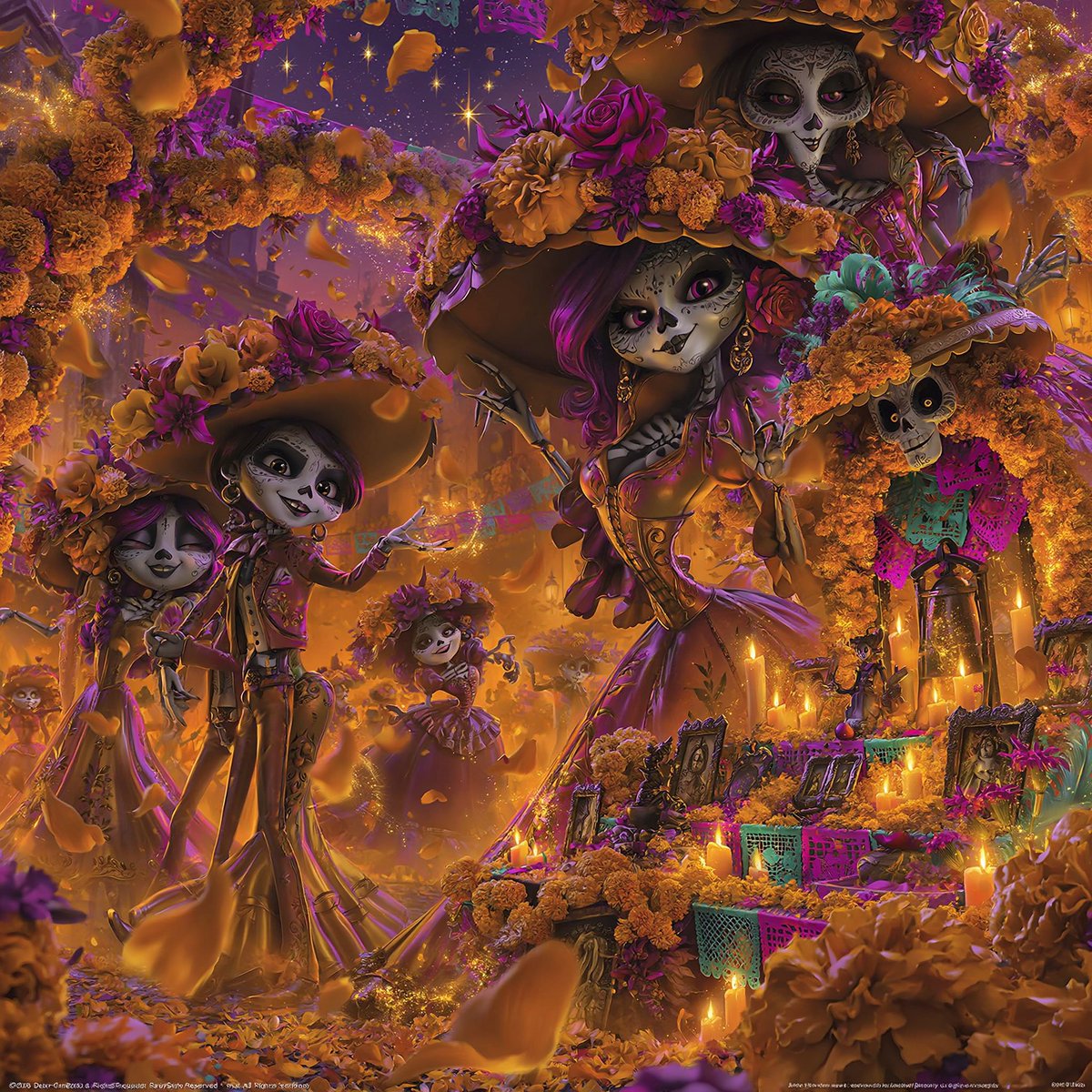 创作一幅充满活力的卡通风格插画，主题为墨西哥亡灵节（Día de los Muertos）庆典。, 图片 3
