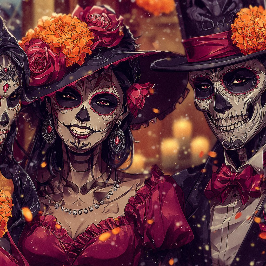 创作一幅充满活力的卡通风格插画，主题为墨西哥亡灵节（Día de los Muertos）庆典。, 图片 4