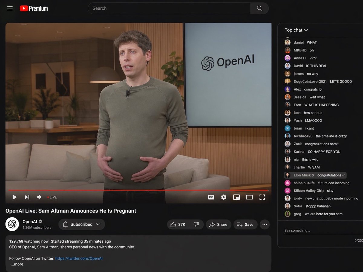 一段 OpenAI 直播的 YouTube 截图,其中山姆·奥特曼(Sam Altman)宣布自己怀孕了,并且画面中可见孕肚。(请勿使用思考)…, 图片 1