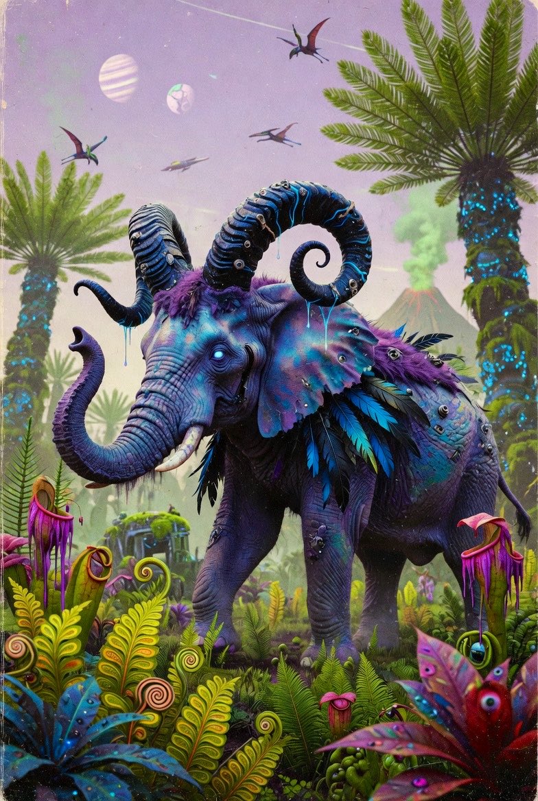 一个科幻大象混合生物。带有一点怪核元素,呈现复古风格的复古未来主义。大象与公羊特征混合,背部有亮蓝色和黑色的羽毛。奇特的蓝紫色调,质感出色,角…, 图片 1