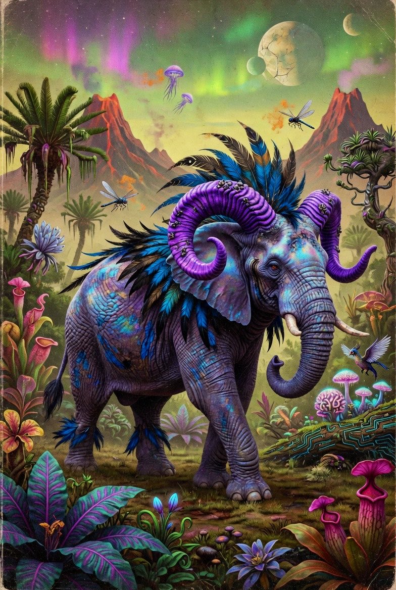 一个科幻大象混合生物。带有一点怪核元素,呈现复古风格的复古未来主义。大象与公羊特征混合,背部有亮蓝色和黑色的羽毛。奇特的蓝紫色调,质感出色,角…, 图片 2