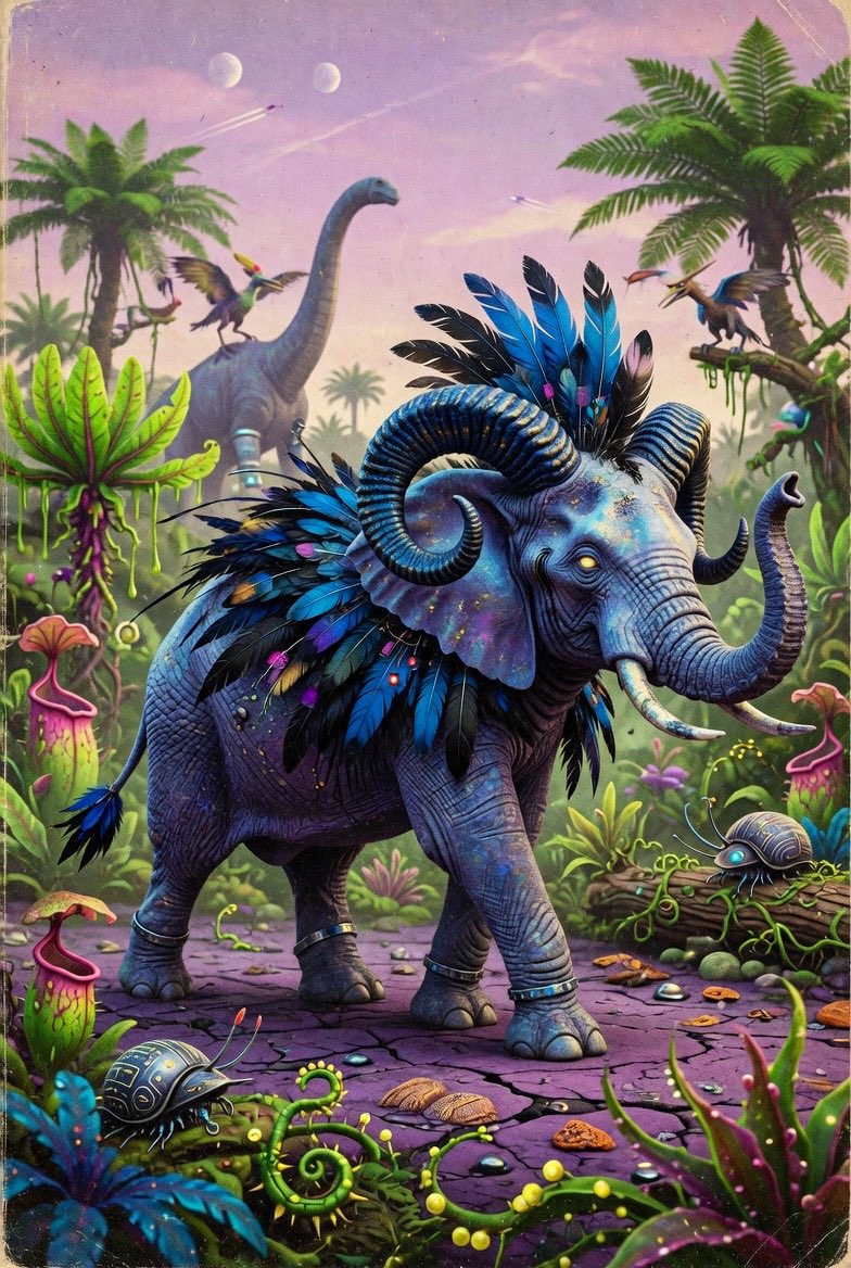 一个科幻大象混合生物。带有一点怪核元素,呈现复古风格的复古未来主义。大象与公羊特征混合,背部有亮蓝色和黑色的羽毛。奇特的蓝紫色调,质感出色,角…, 图片 3