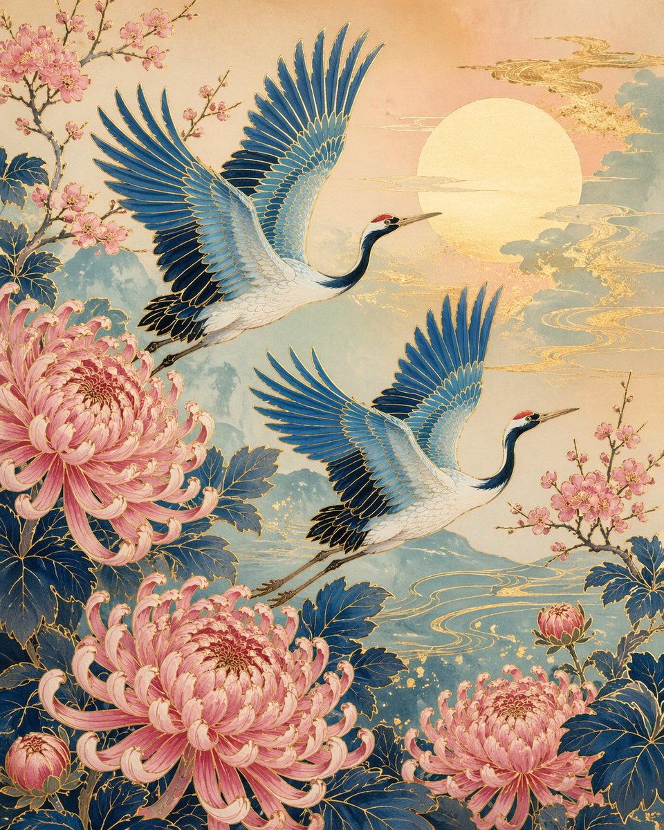 精致日式风格的艺术作品,两只蓝色与青绿色的鹤在硕大的粉色菊花与靛蓝色枝叶间飞翔。背景为柔和渐变,逐渐淡入一轮淡色的太阳。优雅的金色描边、粉彩渐…, 图片 1