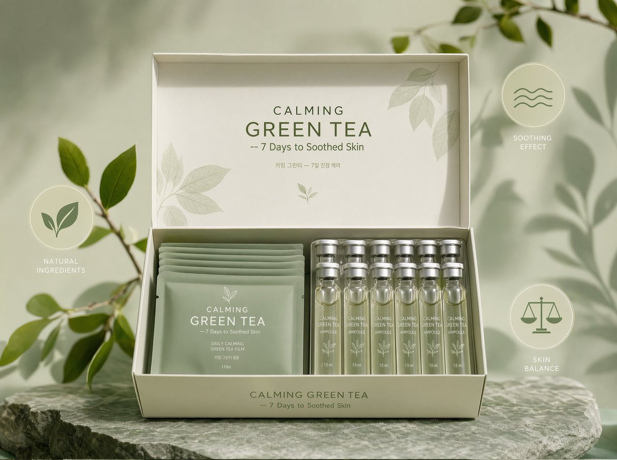 CALMING GREEN TEA 面膜套装 正面展示,打开的盒子呈现柔和的鼠尾草绿色面膜袋和带哑光银色瓶盖的半透明安瓶,产品居中放置,清晰品…, 图片 1