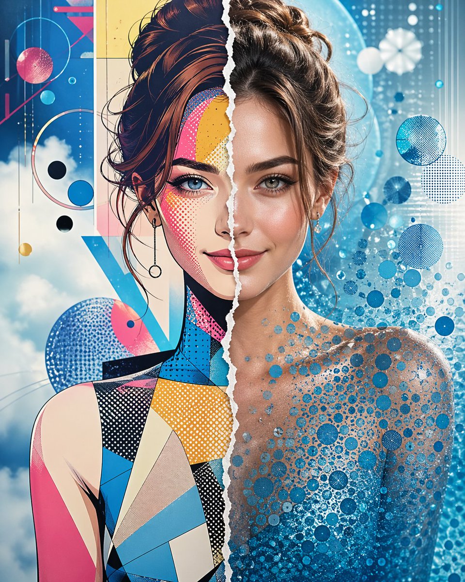 这幅画中只有一张面孔:一位优雅的年轻女模特,带着淡淡的笑容。一道线条从她的发际线处开始,将她的脸一分为二,设计成仿佛被猛烈撕裂的纸张。整幅画被…, 图片 1